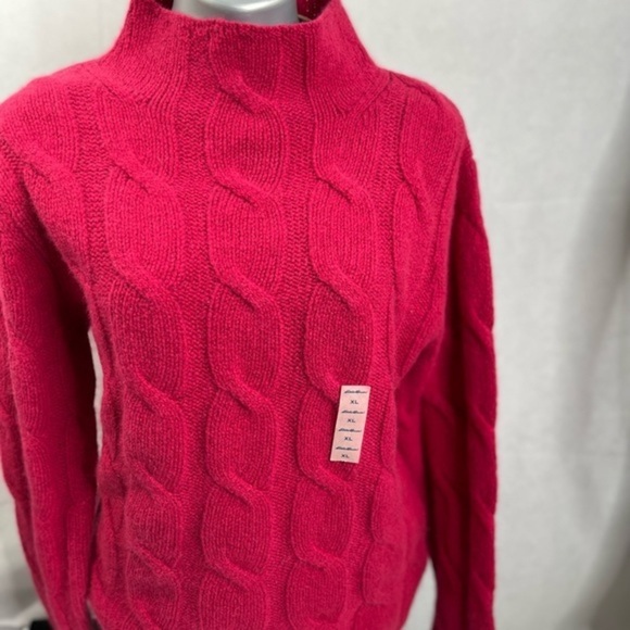 Magenta pink mock neck cable knit sweater by Eddie Bauer, NWT, wool and angora - Picture 2 of 8